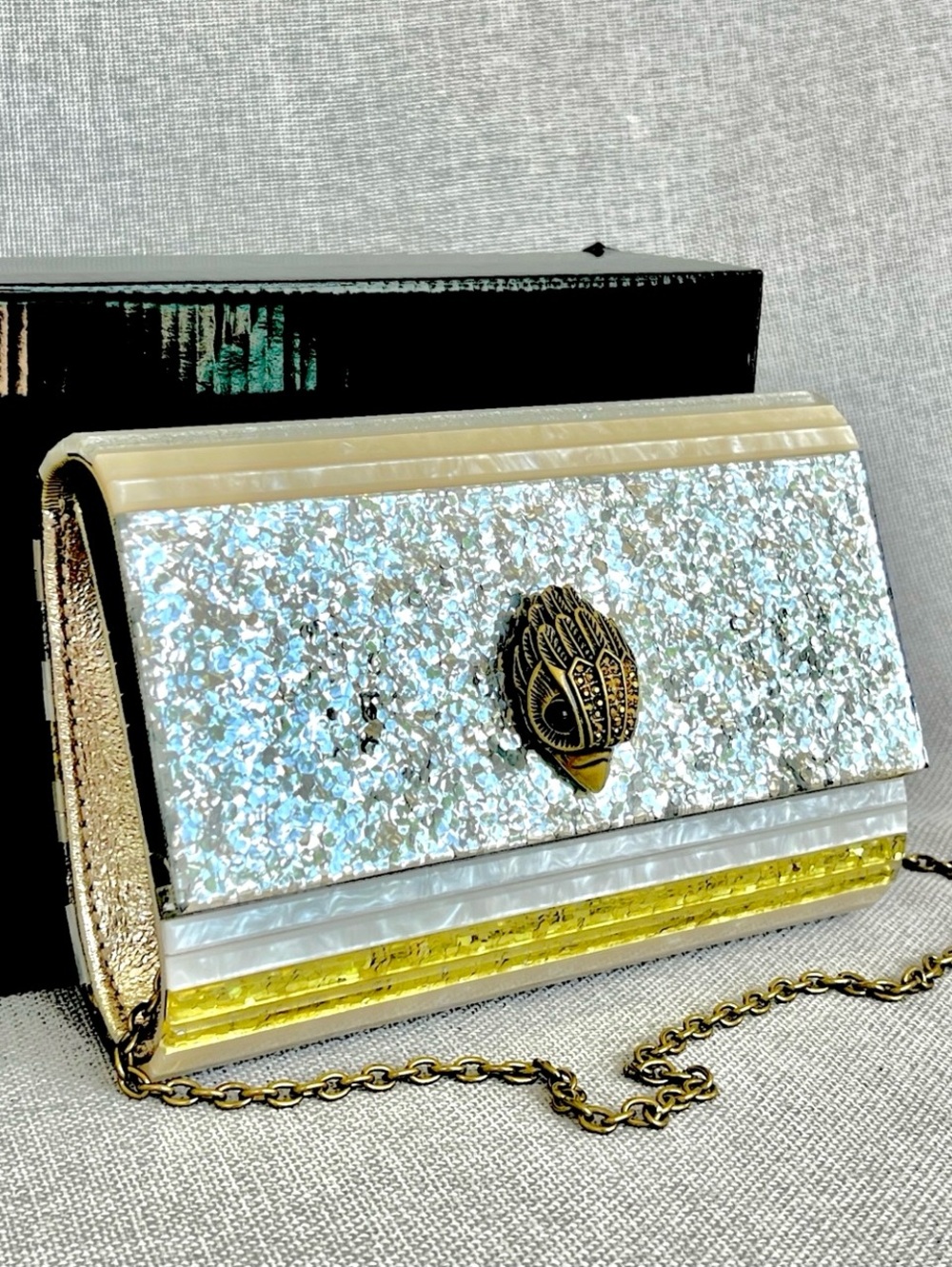 Kurt Geiger Party Eagle box clutch on chain Silver Gold glitter combo NWT